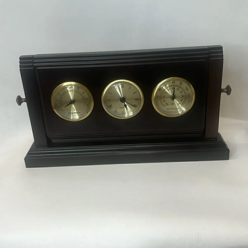 Bombay Clock Co Desk Weather Station Clock Therometer Hydrometer Wood